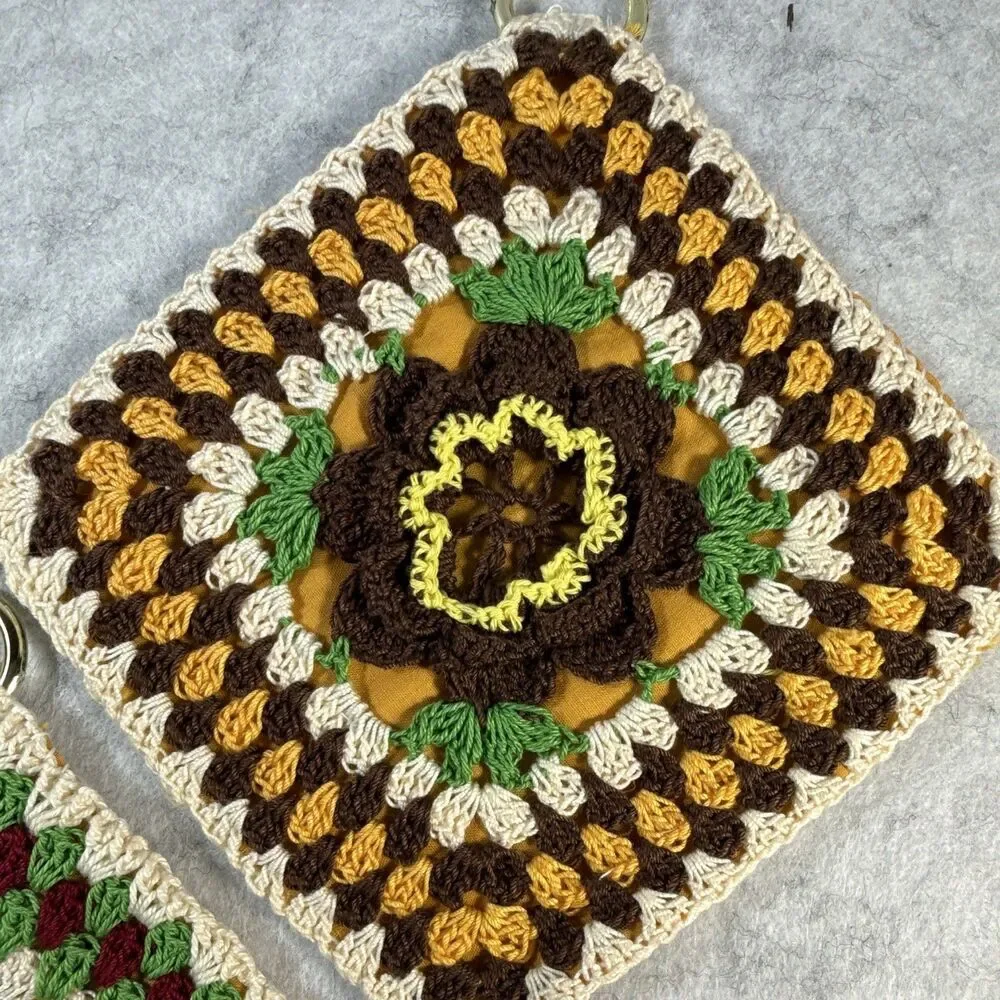 Handmade Crocheted Granny Square Potholders Set of 3 Multicolor w/ Rings